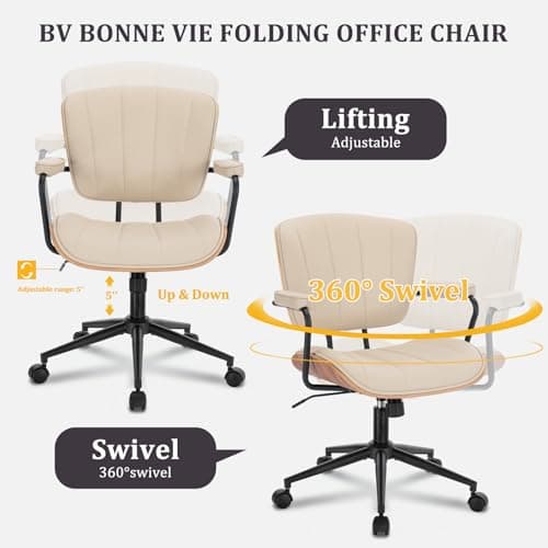 Mid Century Modern Office Chair, Fixed Back Rolling Desk Chair with Armrests and Walnut Back, Adjustable Height for Home Office, Beige