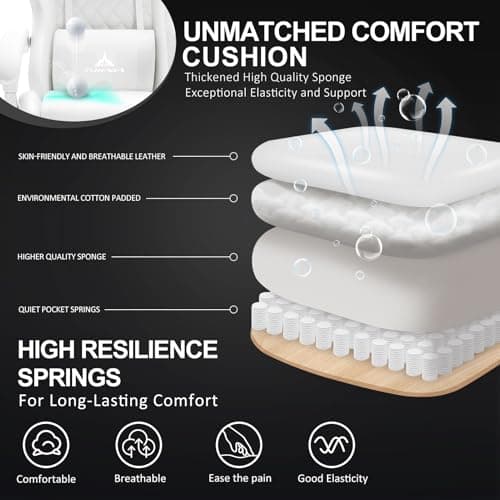 White Gaming Chair,Ergonomic Massage Computer Office Desk Chair with Footrest,Pocket Spring Cushion,Reclining Leather Adjustable Gamer Chair with Headrest and Lumbar Support,White