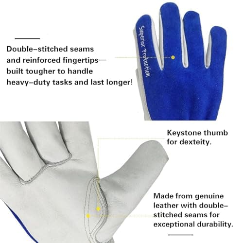 VZT 12 Pairs Bulk Winter Leather Work Gloves for Men or Women for Construction, Wood cutting, Driving, Water Resistant, Keep warm, Soft, Cowhide, Class 4 Abrasion Resistant, Blue-White, XL