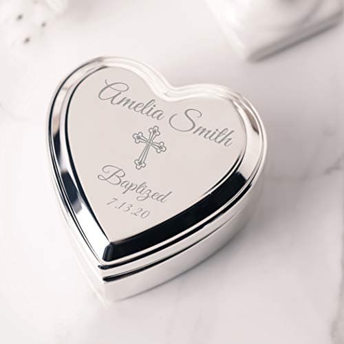 Cherished Moments Personalized Heart Jewelry Keepsake Box with Custom Engraved Cross and Name for Baby Baptism Gift for Girls, Silver Toned