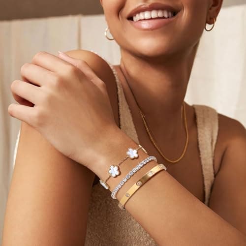 MPRAINBOW Womens Stackable Floral Gold Bracelets - 3Pcs 18K Gold Plated Bracelet,Stainless Steel Bangle Bracelets Non Tarnish, Gold Bracelet Set Trendy Jewelry,Christmas Valentines Birthday Gifts for Girlfriend