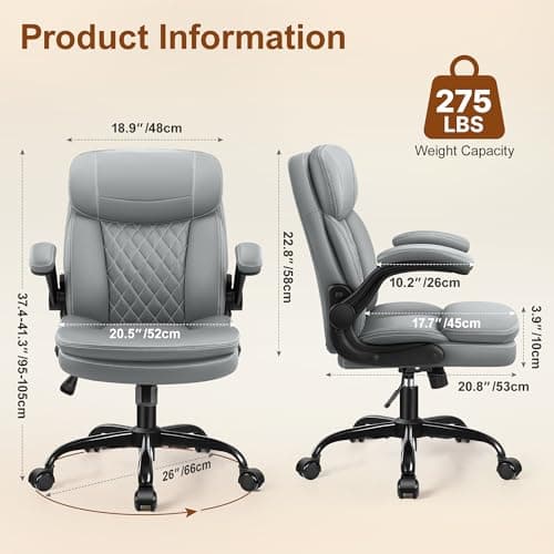 Leather Office Chair, Upgraded PU Computer Desk Chairs with Double-Layer Seat Cushion and Neckrest, 360°Swivel, Ergonomic Small Gaming Chair with Wheels and Adjustable Armrests for Short People, Grey