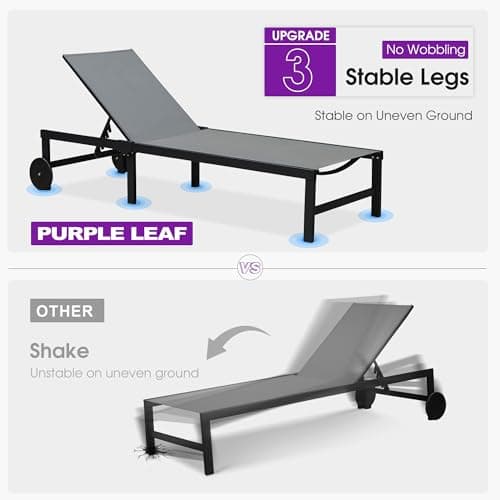 PURPLE LEAF Outdoor Chaise Lounge Chairs Set Recliner Adjustable Chair with Wheels and Table for Poolside Beach Patio Aluminum Reclining Sunbathing Lounger, Grey