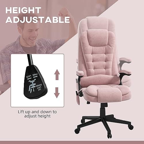HOMCOM Executive Office Chair with 6 Points Vibration Massage and Heated Lumbar Support, Velvet High Back Computer Chair with Reclining Backrest, Tilt Function and Padded Armrests, Pink