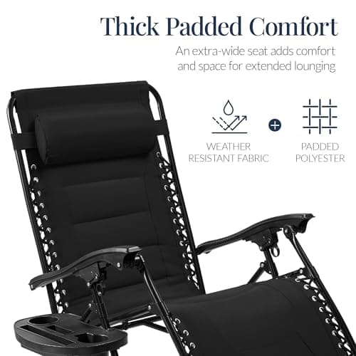 Best Choice Products Oversized Padded Zero Gravity Chair, Folding Outdoor Patio Recliner, XL Anti Gravity Lounger for Backyard w/Headrest, Cup Holder, Side Tray, Polyester Mesh - Black