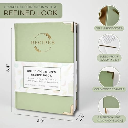 Blank Recipe Notebook | Small Blank Recipe Book to Write in Your Own Recipes | Artisan Hardcover Journal for 60 Recipes | 8.4” x 6” Leather Sage Green & Gold Hardcover | Tabs, Stickers, Pocket & Bookmarks B0D9KZP8TG