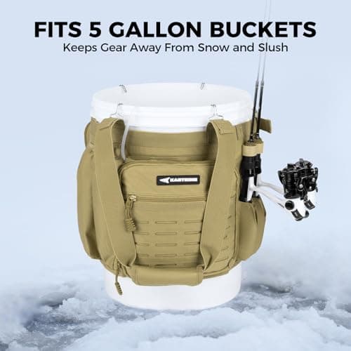 KastKing Karryall Fishing Bucket Organizer for 5 Gallon Bucket, Ice Fishing Tackle Bag with Adjustable Buckle, Rod & Plier Holder and Multi-Pockets for Fishing Gear & Accessories Storage,Khaki