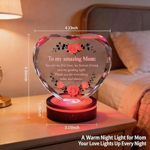 Premium K9 Crystal, Laser Engraved, 6-Color USB LED Base, Gift Box Packaging, Perfect Present for Birthdays & Christmas Crystal Heart Keepsake for Mom, Color Changing LED, Mothers Day Gift B0GS15MD5Z