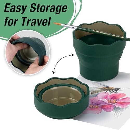 Faber-Castell Clic & Go Artist Water Cup, Dark Green - Travel-Friendly Collapsible Brush Cleaner Tool with Brush Stand, Scalloped Rim, Non-Slip Base, Portable Palette & Rinser B007TYWDQE
