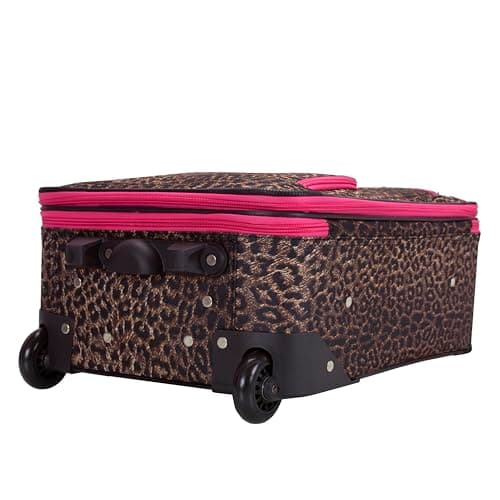 Rockland Fashion Softside Upright Luggage Set, Expandable,Lightweight,Telescopic Handle,Wheel, Pink Leopard, 2-Piece (14/19)