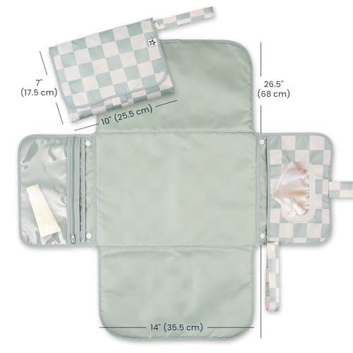 Tiny Twinkle Portable Diaper Changing Pad | Waterproof, Wipeable & Compact Baby Changing Pad for Travel | Smart Wipes Pocket & Organized Storage| Newborn Shower Gift (Sage Checkers) B0DDT2VW7T