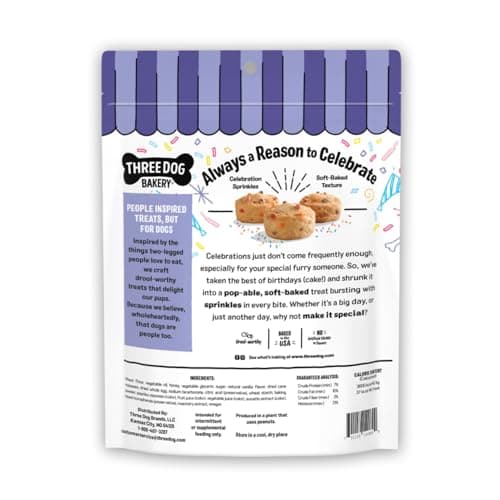 Soft Baked Dog Treats - Birthday Vanilla Flavor with Sprinkles Three Dog Bakery Ultimate Celebration Cake Bites for Dogs - 12 oz Bag B0F8R6638K