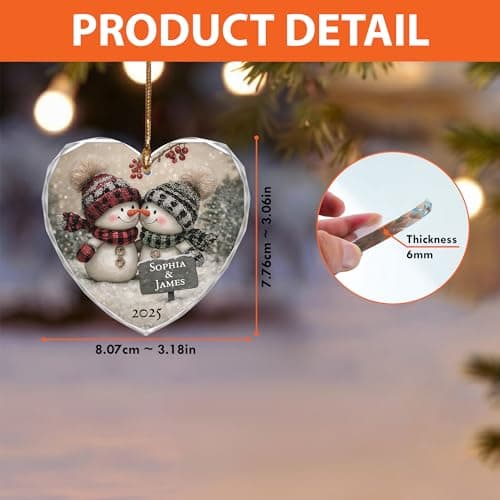 Noni Personalized Couple Heart Glass Ornament, Custom Names Printed and Year 2025, Snowman Couple Art Clear Faceted Tree Keepsake, Gifts for Couples, Gifts for Christmas
