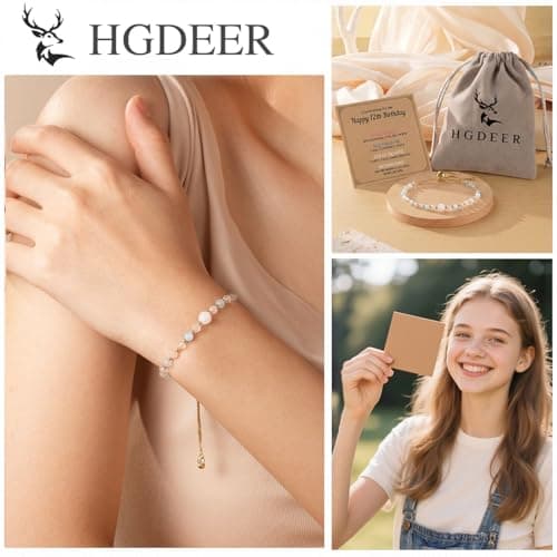Moonstone Rose Quartz Aquamarine & Clear Quartz, Adjustable Bolo Chain, Birthday Blessing Card & Pouch for Teens Tweens HGDEER Her Milestone Birthday, Crystal Wishes Bracelet Gifts for Girls B0GR99N15M
