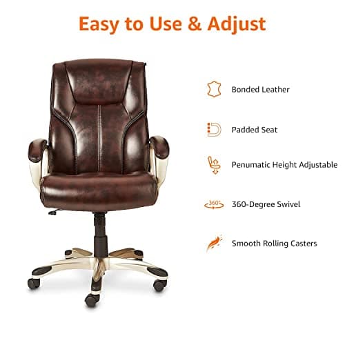 Amazon Basics Executive High Back Office Chair, Adjustable Height, Tilt, Swivel, Padded Armrests, Brown/Gold