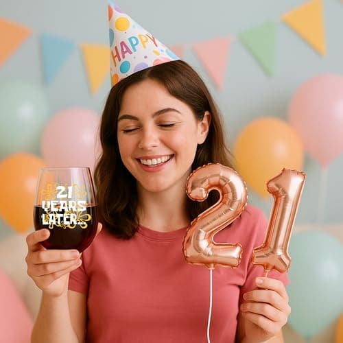 Funny 21st Birthday Gifts for Her – “21 Years Later” Design – 15oz Stemless Wine Glass – Cute and Nostalgic Gift for Women Turning 21, Birthday Celebration Decoration or Wine Lover Present
