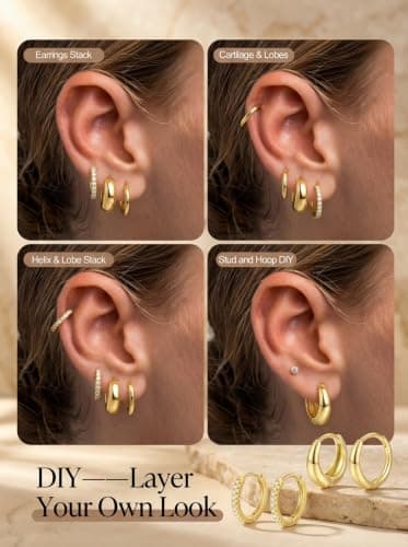 Hypoallergenic Small Hoop Earrings, Lightweight Comfortable Huggies, Non Tarnish, Multiple Piercing Set, Great Gift for Women 9 Pairs Gold Huggie Hoop Earrings for Women, 14K Gold Plated Stackable Set B0GKFRTLQ8