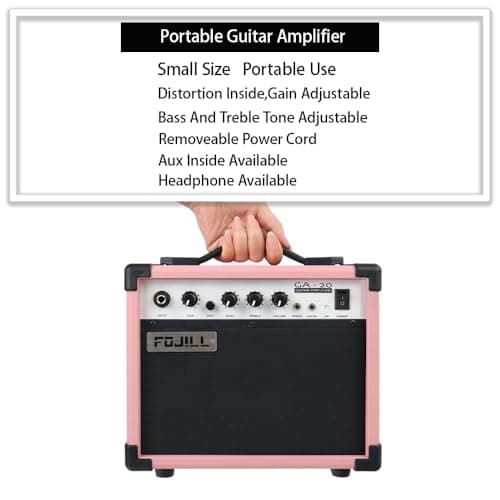 Fojill Full Size 4 Four String Electric Bass Guitar 20W Amplifier Amp Right Hand Beginner Starter Kit Set Combo Bundle Accessory Gig Bag,Strap,Picks,Capo,Noiselss Cable,Strings (Pink)