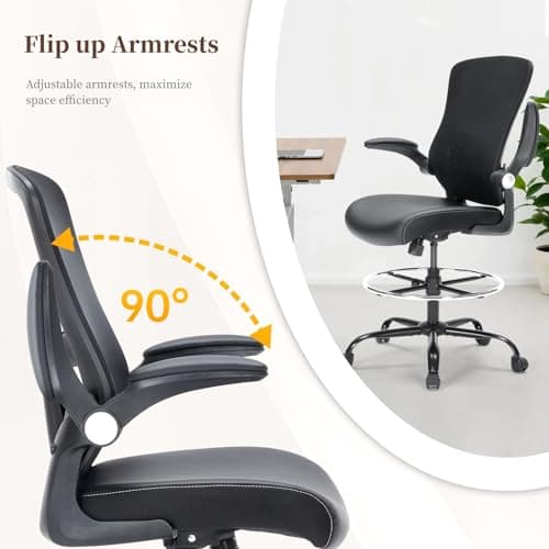 Drafting Chair, Tall Office Chair with PU Leather Seat, Ergonomic Standing Desk Chair with Lumbar Support Counter Height Office Chair with Adjustable Footrest Ring Flip-up Armrests