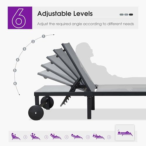 PURPLE LEAF Outdoor Chaise Lounge Chairs Set Recliner Adjustable Chair with Wheels and Table for Poolside Beach Patio Aluminum Reclining Sunbathing Lounger, Grey