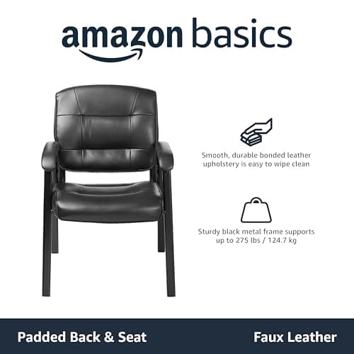 Amazon Basics Classic Faux Leather Office Desk Chair with Armrests, Metal Frame, Black, 27.4D x 23.6W x 35.8H in
