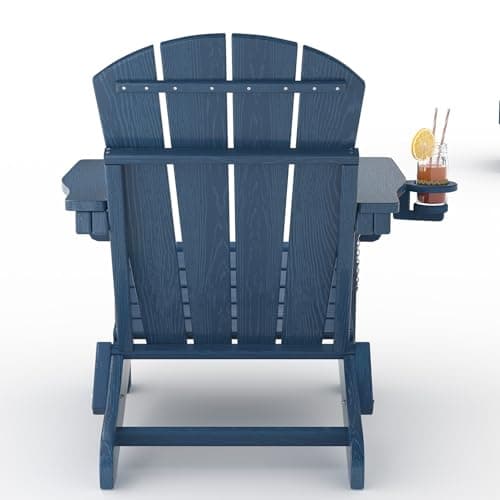 GarveeLife Folding Adirondack Chair Set of 2 with Side Table, All-Weather HDPE Outdoor Chair, Wooden Textured with Cup Holder for patios, Decks, Gardens, fire pits, Navy Blue