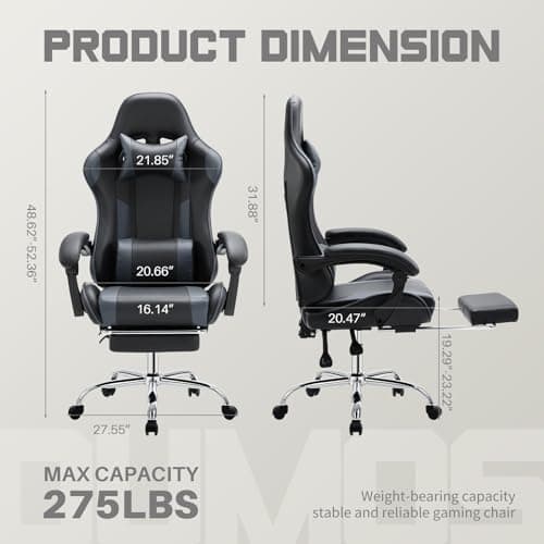 DUMOS Ergonomic Gaming Office Desk Chair with Footrest and Headrest for Adults, PU Leather Video Computer Chair with Linkage Armrests, Height Adjustable 360° Swivel Recling Chair, Black Grey