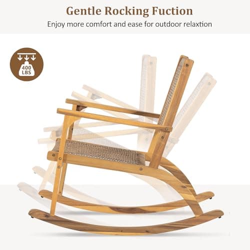 Acacia Wood Outdoor Rocking Chair Set of 2, Natural Wicker Outdoor Rockers with Wicker Rattan Seat & Backrest, 400 lbs Capacity Heavy Duty Rocker for Garden, Backyard & Balcony (Natural)