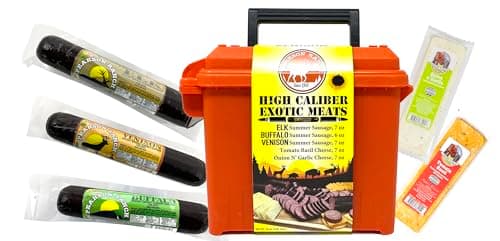 PEARSON RANCH Exotic Meats Ammo Can Gift Set Includes Elk, Buffalo and Venison Summer Sausage and 2 Blocks of Cheese, Cheese and Sausage Box (5 Items Total Inside The Ammo Can)