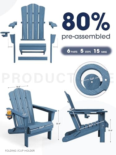 KINGYES Folding Adirondack Chair Set of 2, HDPE All-Weather Patio Chairs with Cup Holder, Wooden Textured Fire Pit Chairs Recliner for Poolside, Backyard, Deck, Navy