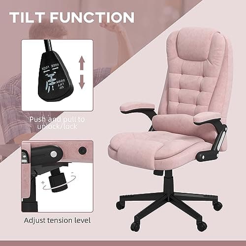 HOMCOM Executive Office Chair with 6 Points Vibration Massage and Heated Lumbar Support, Velvet High Back Computer Chair with Reclining Backrest, Tilt Function and Padded Armrests, Pink