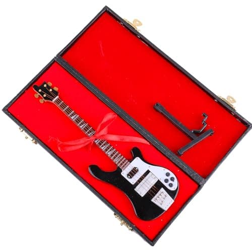 Dselvgvu Wooden Miniature Electric Bass Guitar with Stand and Case Mini Musical Instrument Electric Bass Guitar Replica Collectible Figurines Model Home Decoration Birthday Gifts (7.87"x2.36"x0.35")