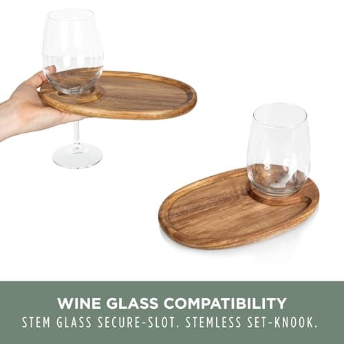 PICNIC TIME Wine Appetizer Plates, Set of 4 Wooden Cocktail Plates with Glass Holder, Mini Charcuterie Boards for Wine and Cheese Parties, Acacia Cheese Board Serving Trays (Oval - Acacia Wood)