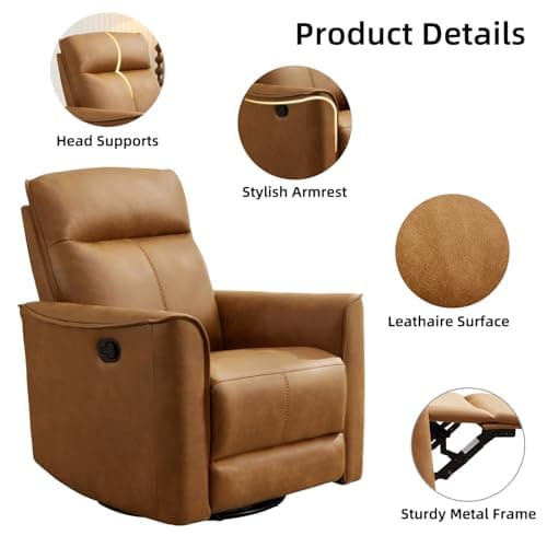 CANMOV Swivel Rocker Recliner, Glider Rocking Chair, Nursing Chairs Swivel Glider Recliners with Soft Backrest, Leathaire Manual Reclining Sofa for Living Room Bedroom Apartment, Brown