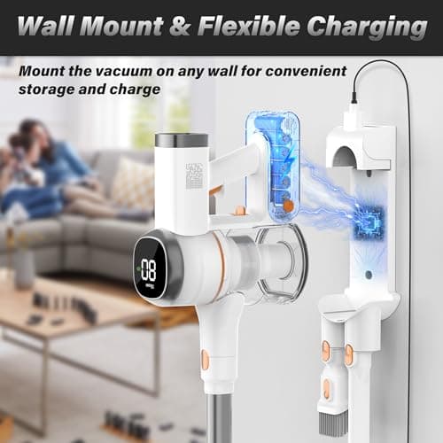 Tikom V500 Cordless Vacuum Cleaner for Home, 40000Pa/450W Stick Vacuum with LED Touch Screen, Charging Wall Dock, Anti-Tangle, Lightweight Handheld Vacuum for Pet Hair, Hard Floor, Carpet