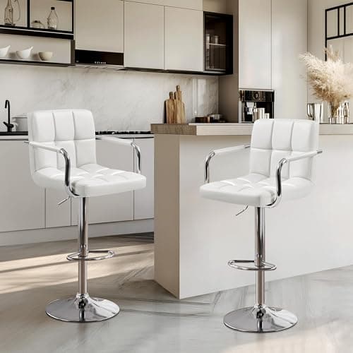 Yaheetech Bar Stools Set of 2, PU Leather Adjustable Swivel Barstools, Hydraulic Kitchen Counter Height Bar Chairs with Armrest and Back for Bar, Kitchen, Dining Room, White