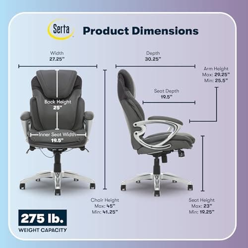 Serta Bryce Executive Office Chair - Ergonomic Computer Desk Chair with Patented AIR Lumbar Technology - Adjustable Height - Memory Foam Body Pillows - 360° Swivel Rolling Base - Bonded Leather - Gray