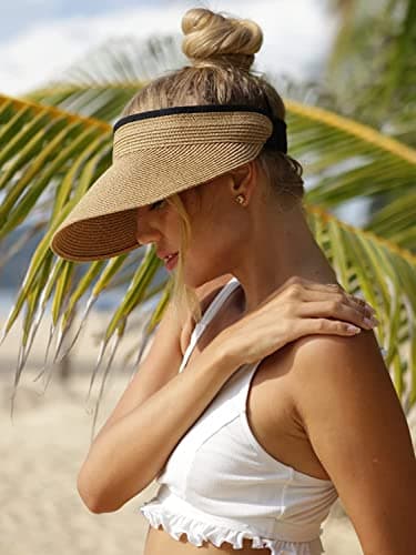 FURTALK Womens Sun Visor Hat Straw Sun Visors for Women Summer Packable Ponytail Beach Hats for Women Travel UPF 80+