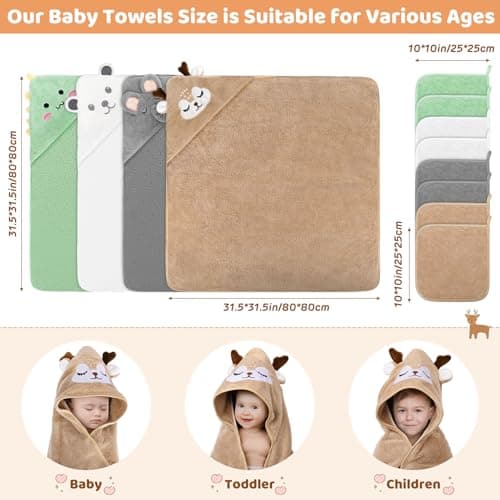 4 PCS Baby Towels & 8 PCS Washcloths Set, Cute Animal Hooded, Ultra Absorbent & Soft, Newborn Shower Gifts for Boys & Girls 12 PCS Baby Bath Towels Set for Infants Toddlers Essentials B0F3JC4GWM