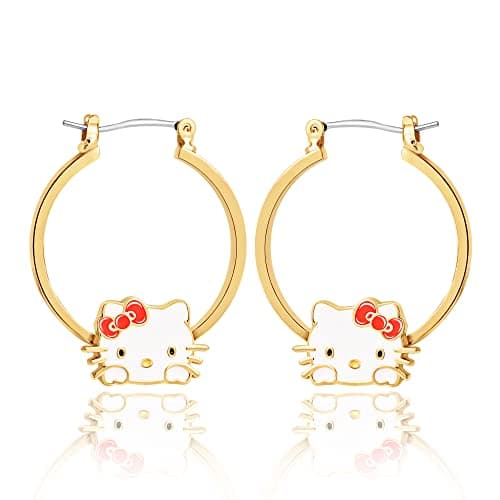 Hello Kitty Hoop Earrings for Women Official License, Gold Tone Flash-Plated and Enamel Sanrio Earrings