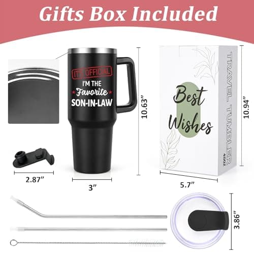Lifecapido Son in Law Gifts, Favorite SON-IN-LAW 40oz Tumbler with Handle, Birthday Fathers Day Christmas Engagement Wedding Gifts for Son in Law from Mom in Law Dad in Law, Black