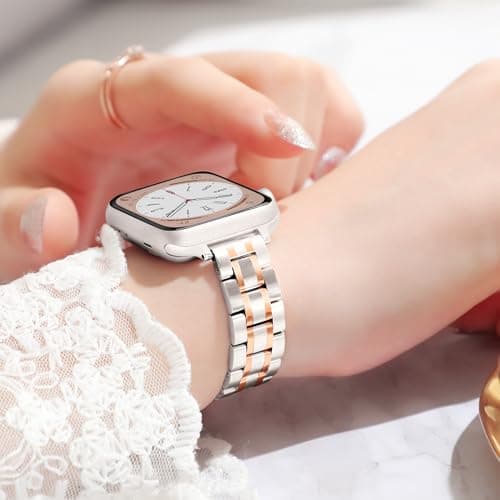 Slim Metal Band for Apple Watch Bands for Women 41mm 40mm 42mm(S10/11) 38mm iWatch Bands, Thin Dressy Fancy Strap for Apple Watch Band Series 10 11 Series 9 8 SE 7 6 5 4 3-Starlight+Rose Gold