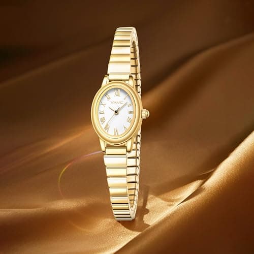 VAVC Small Gold Watches for Women,Analog Womens Watch with Stainless Steel Expansion Band,Oval Case Roman Dial,Water Resistant