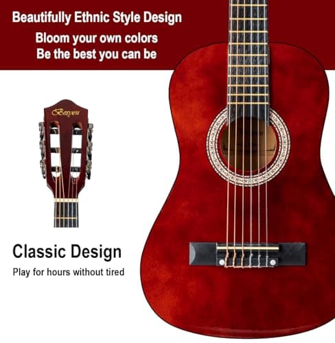 BESYOU 30in Beginner Kids Acoustic Guitar Basic Starter Kit Tuner Capo Strings Winders Strap Picks Student Youth Toddler Guitar Pickguard with Gig Bag Brown