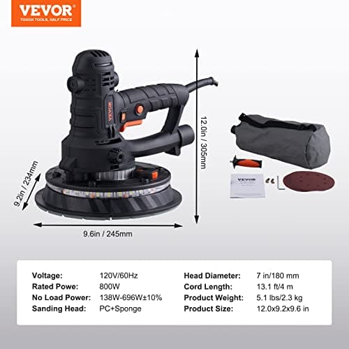 VEVOR Drywall Sander, 800W Electric Sander with 12 Sanding Discs, Variable Speed 1200-2300 RPM Wall Sander with Automatic Vacuum Dust Collection System, Double LED Lights, Dust Bag, Detachable Edge