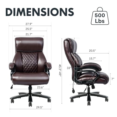 FLEXISPOT 500lbs Big and Tall Office Chair for Heavy People, Heavy Duty Computer Chair with Stable Arms Adjustable Lumbar Support Metal Base, Desk Chairs for Home Office Gaming Working, Leather, Brown