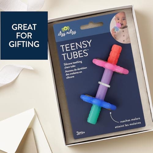 Itzy Ritzy Teensy Tube Teether – Textured Hollow Baby Teething Tube That Reaches Front Teeth & Back Molars, Made of Soft Silicone (Pink Rainbow)
