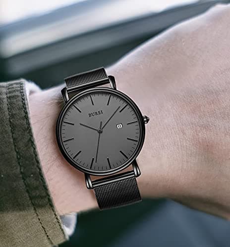 BUREI Men Watches Brown Leather Fashion Minimalist Wrist Watch Simple Ultra Thin Waterproof Quartz Watches All Black Stainless Steel Mesh Band,Gift for Men Women