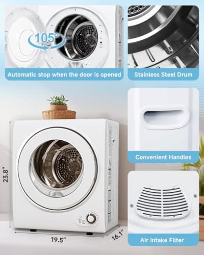 Feelfunn 110V Portable Dryer – 850W Compact Clothes Dryer with 4 Automatic Drying Modes, Stainless Steel Tub, Simple Control Knob for Apartments, Dorms & Small Spaces