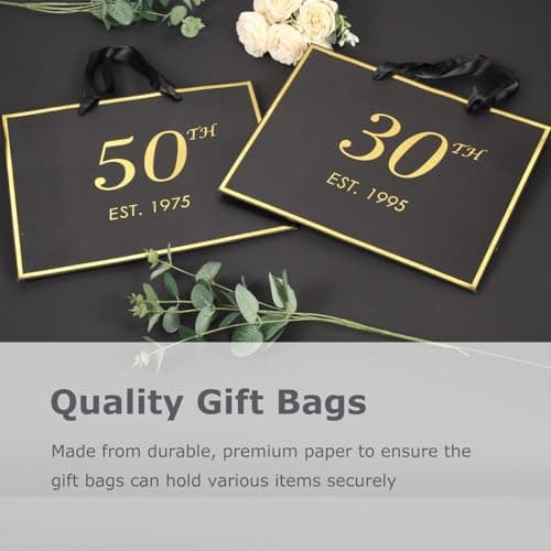 momoake 50th Birthday Gift Bag with Card and Tissue Paper for Men Women Him, 1975 50 Year Old 13" Elegant Black Gold Anniversary Keepsake Party Present Shopping Paper Bags for Gifts Wrapping
